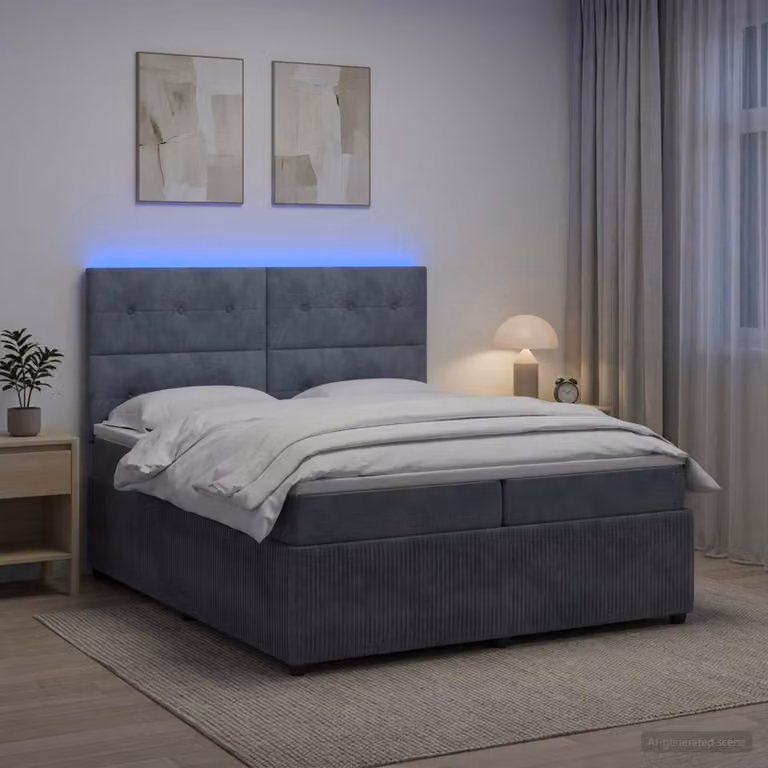Letto Box Spring vidaXL con Materasso Ibrido e Illuminazione LED, Grigio Scuro e Bianco, L/P: 200 x 200 cm