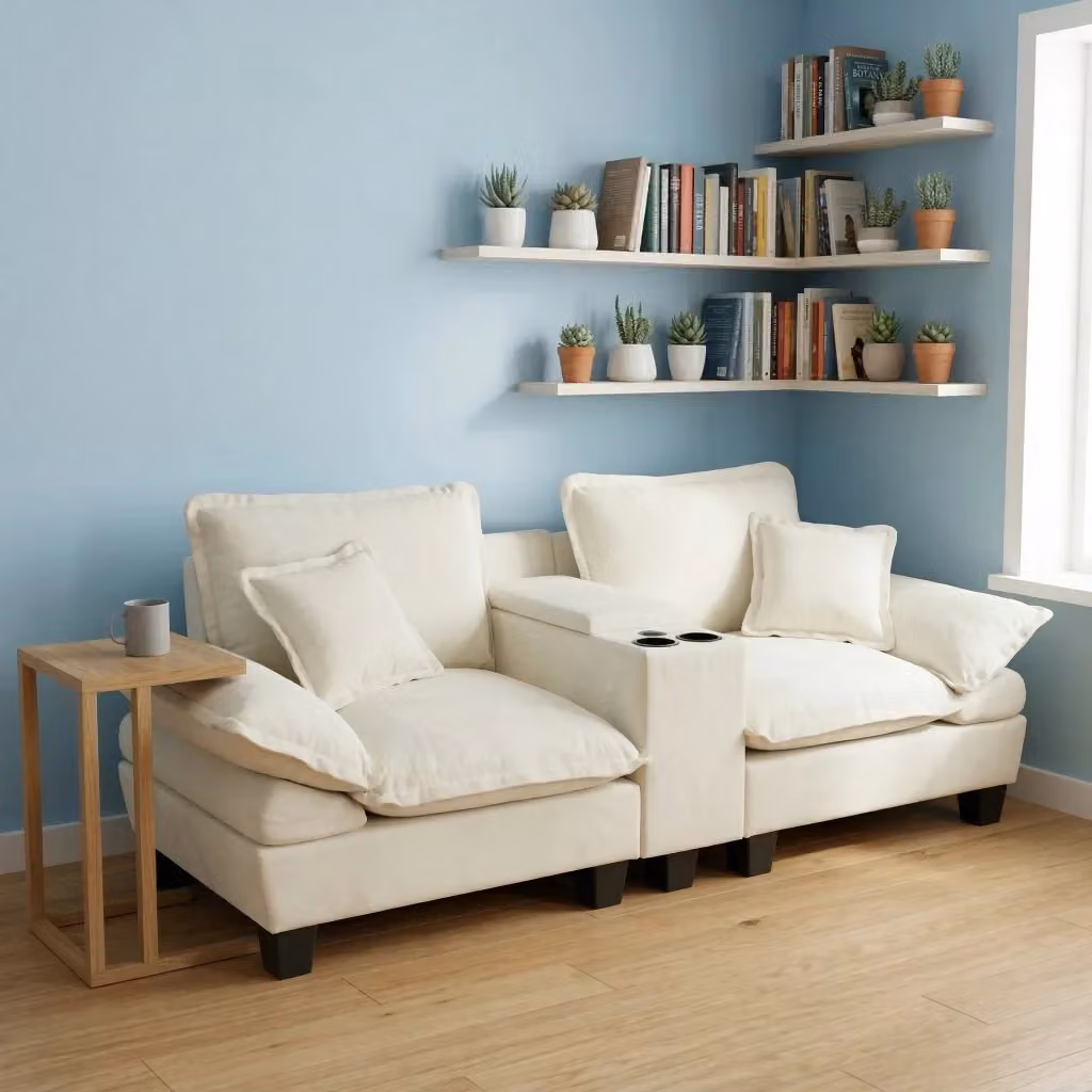 Divano modulare a L Mivray in tessuto beige con ottomana coordinata, ricarica USB e portabevande per il tuo soggiorno – 2