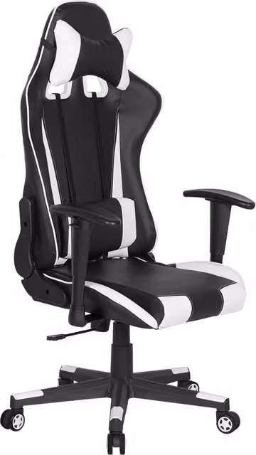 Sedia da gaming BELIANI in ecopelle nera e bianca con braccioli regolabili, poggiatesta e supporto lombare, ideale per ufficio e casa