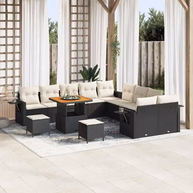 Set Divano da Giardino vidaXL a forma a U composto da 13 pezzi in Polyrattan Nero con Cuscini e Tavolino – 1