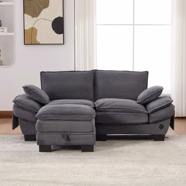 Divano a 2 posti Mivray in velluto a coste grigio con pouf coordinato e ricarica USB-C L: 190 cm, P: 84 cm, H: 76 cm – 1