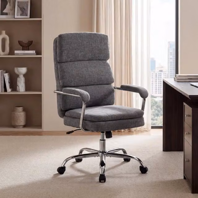 Sedia da ufficio ergonomica WISHDOR in tessuto grigio e argento, girevole a 360°, con braccioli e ruote, ideale per home office e camera da letto – 1