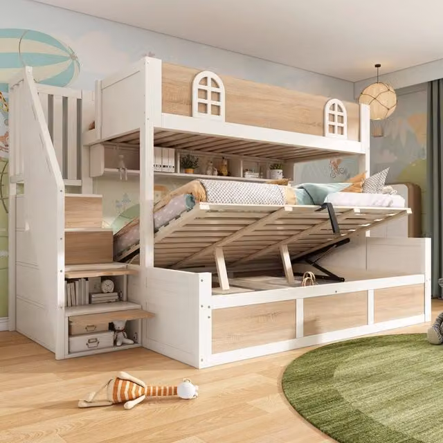 Letto a castello 90x200 e 140x200 cm con contenitore idraulico e scala in legno bianco e naturale