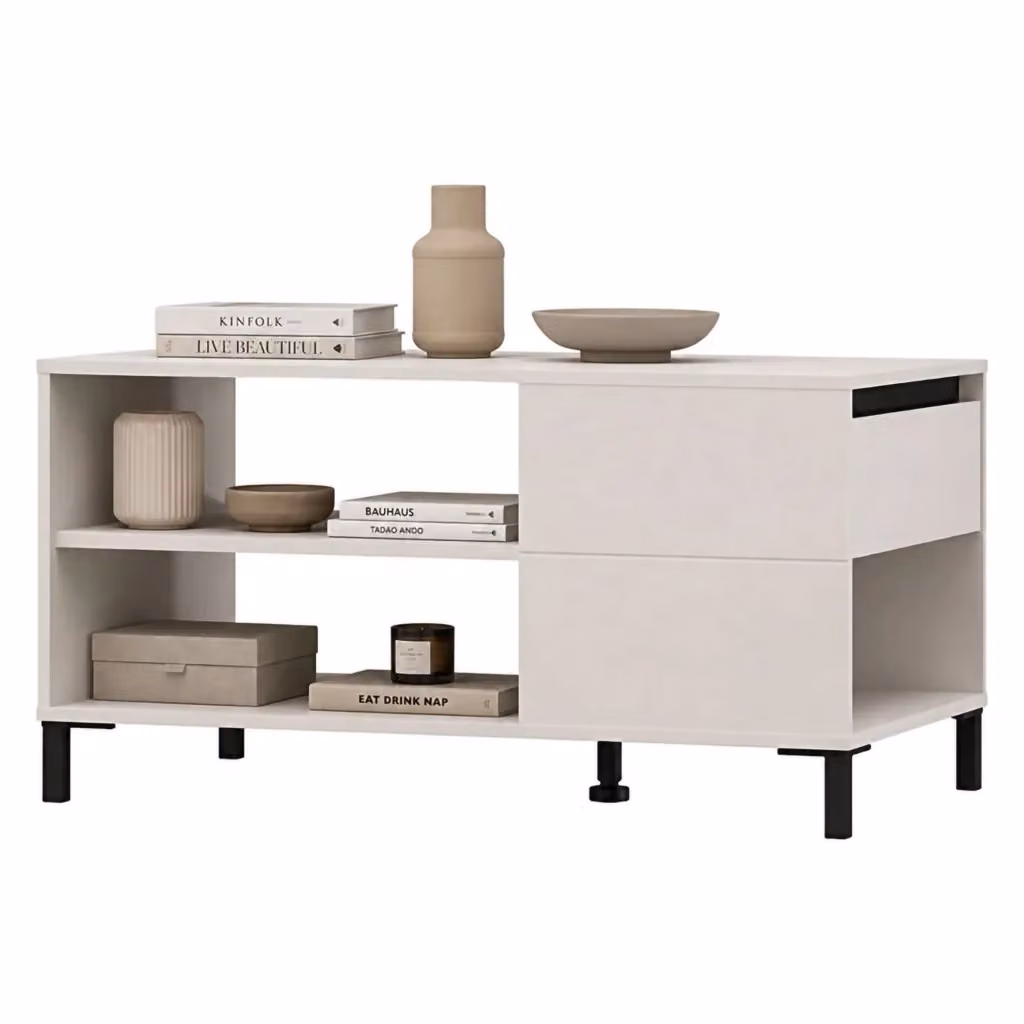 Tavolino da salotto Salentina DMORA con un cassetto, Bianco Crema, L: 102 cm, P: 55 cm, H: 52 cm – 2