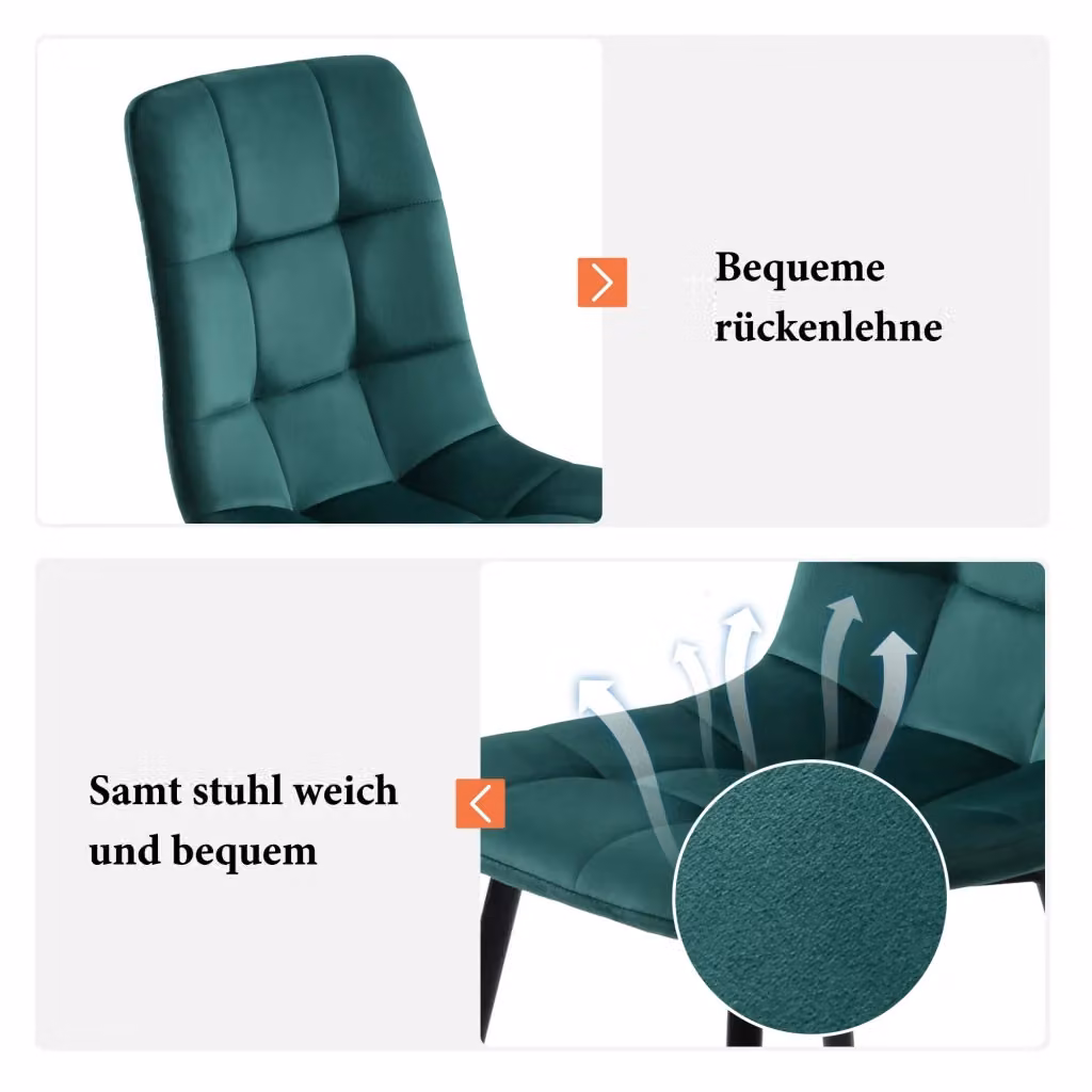 Set da 4 sedie da pranzo imbottite REDOM in velluto verde con struttura in metallo e legno L: 44 cm, P: 41 cm, H: 86 cm – 2