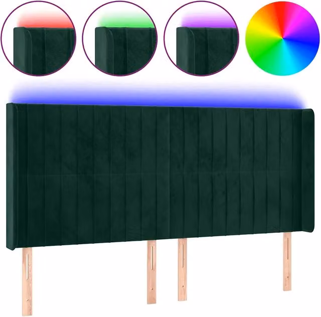 Testata del letto in velluto verde scuro con illuminazione LED integrata e porta di ricarica USB, L: 203 cm, P: 16 cm, H: 118/128 cm – 1