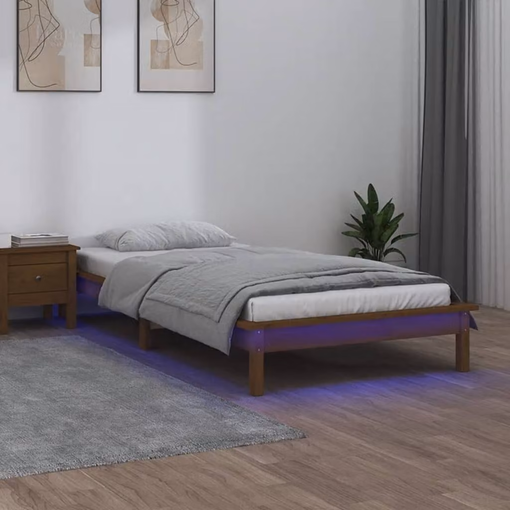 The Living Store Letto in legno massiccio con LED marrone miele 75x190 cm