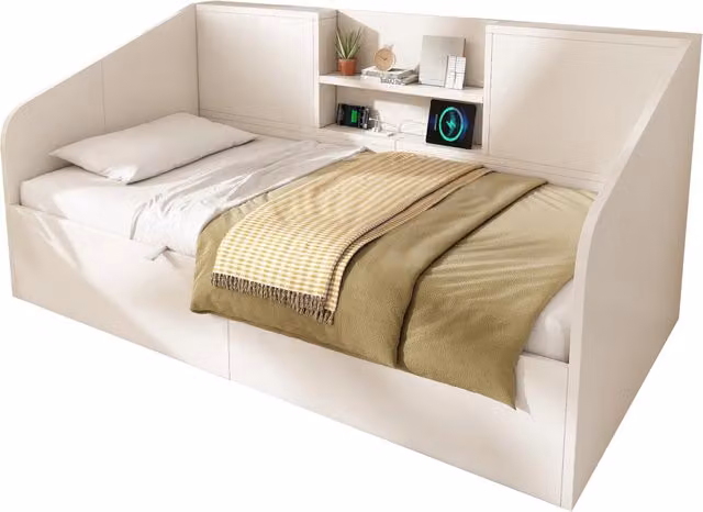 Letto singolo 90x200 con contenitore idraulico salvaspazio bianco; struttura in legno con prese USB e Type-C per camera da letto