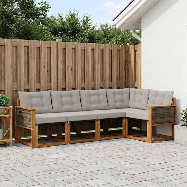Set di divani da esterno a L vidaXL in legno di acacia con cuscini beige e grigio
