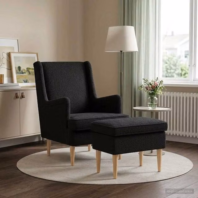 Set di Poltrona con Ottoman vidaXL in tessuto Bouclé Nero per Soggiorno e Camera da Letto