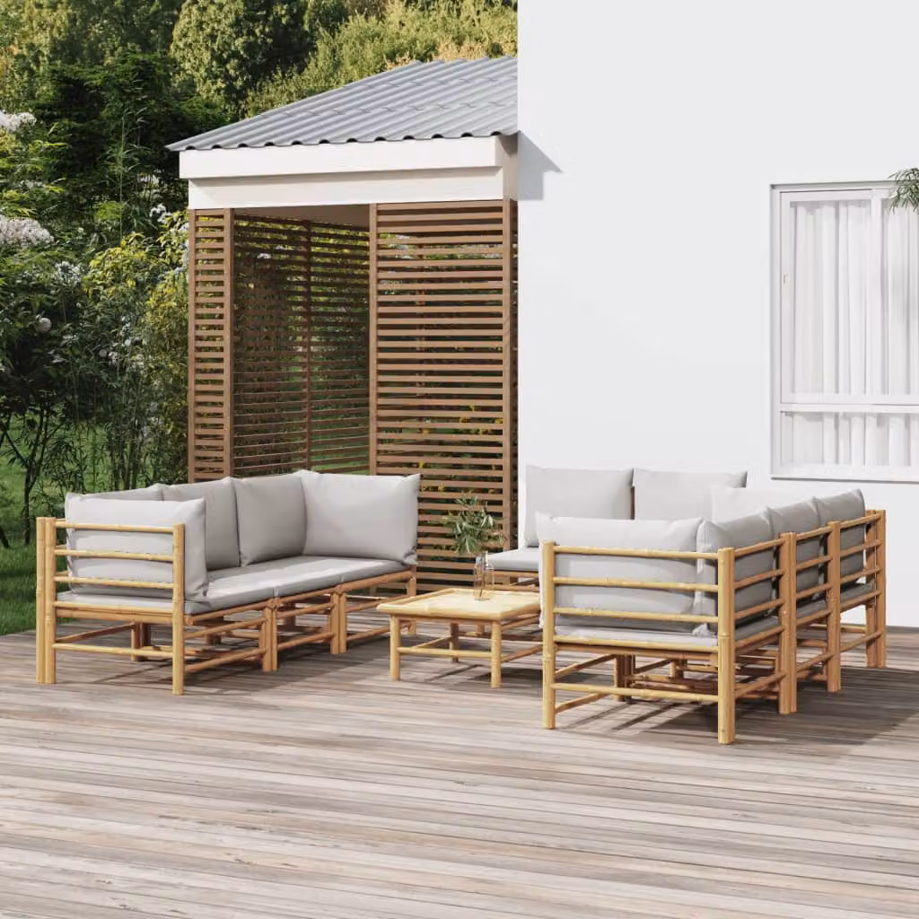 Set Salotto da Giardino vidaXL in Bambu con Cuscini Grigio Chiaro e Tavolino, Design Moderno a L per Terrazza e Giardino