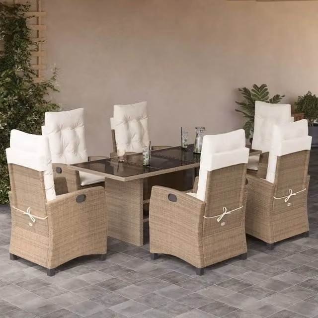 Set da pranzo da giardino vidaXL in polyrattan con cuscini beige e piano in vetro, 7 pezzi