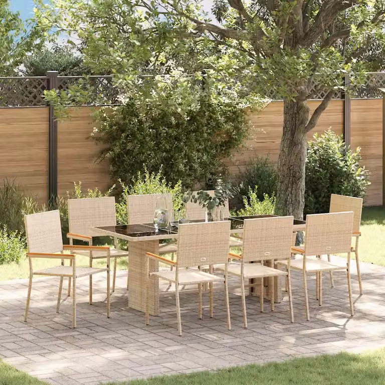 Set da pranzo per giardino e terrazzo vidaXL in polyrattan beige e marrone con tavolo in vetro e legno di acacia, 9 pezzi