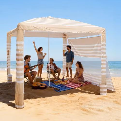 Tenda da spiaggia VEVOR beige con parete laterale, protezione UPF 50+, L/P: 243,8 x 243,8 cm