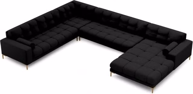 Divano panoramico sinistro Bali Cosmopolitan Design a 7 posti in tessuto nero e oro con struttura in metallo L/P/H: 327 x 134 x 75 cm