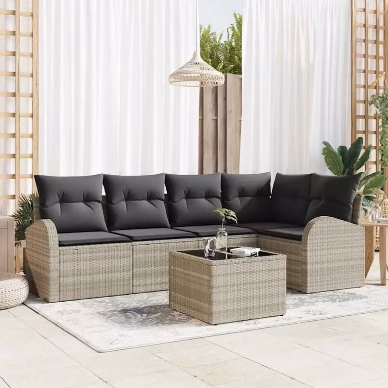 Set di divani da giardino vidaXL in polyrattan grigio con cuscini e tavolino da esterno a forma di L