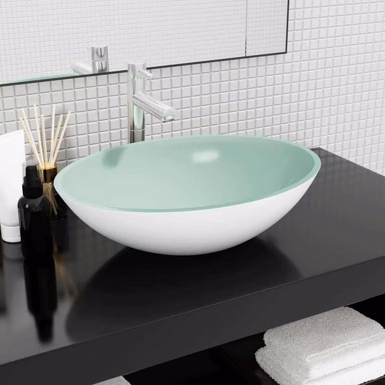 Lavandino da appoggio ovale in vetro bianco vidaXL L: 50 cm, P: 37 cm, H: 14 cm