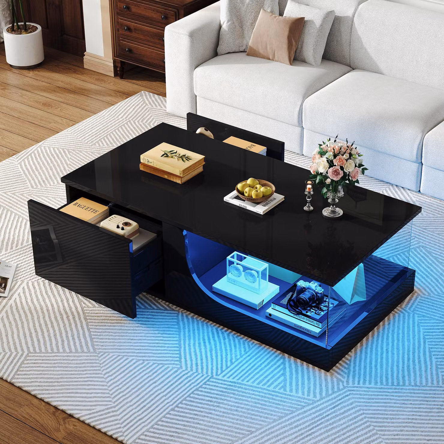okwish Tavolino da caffè lucido Tavolino da porto in MDF con LED e contenitore a doppio strato, Tavolino Sofatisch con 2 cassetti, Nero