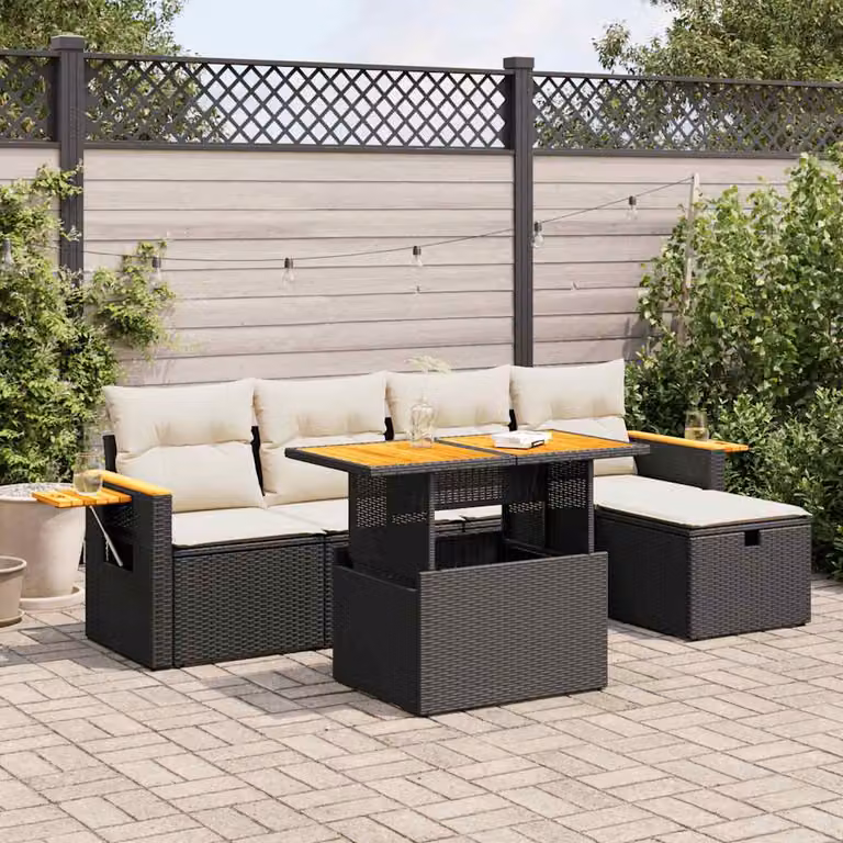 Set Divano da Giardino vidaXL 6 pz a Forma a L con Cuscini, Tavolino e Pouf, Nero