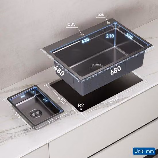 Ibenzoa® Lavello da cucina nero grande, 68 x 48 cm (acciaio inossidabile SUS304) – Vasca: 68 x 38 x 20 cm, dispenser per sapone e sifone, adatto a mobili sottolavello a partire da 80 cm