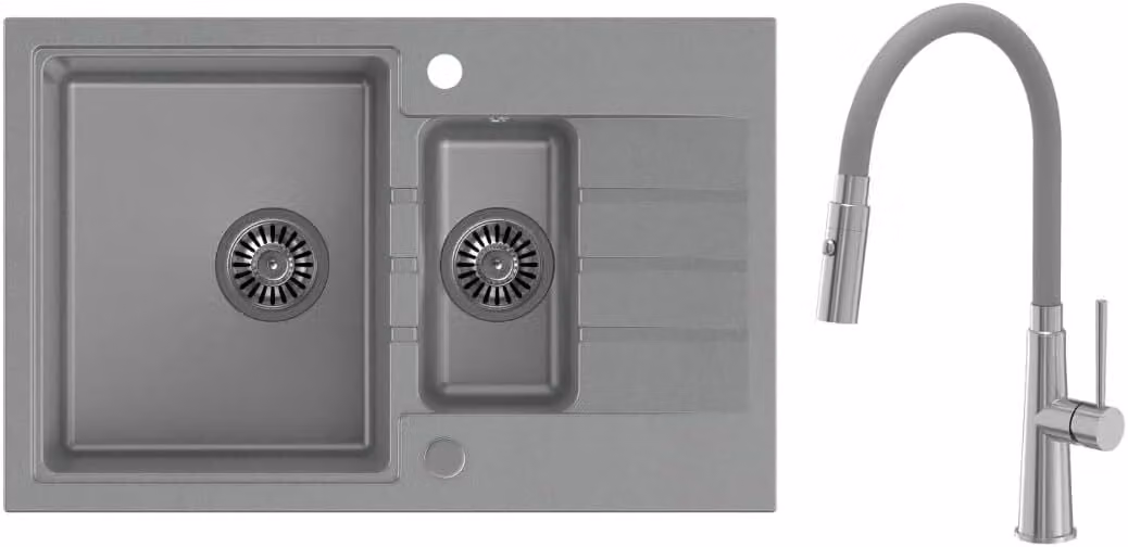 VBChome Lavello in granito grigio 78 x 50 cm Grigio Rubinetto flessibile Lavello in granito 1,5 vasche Lavello da incasso Spruzzato Sifone