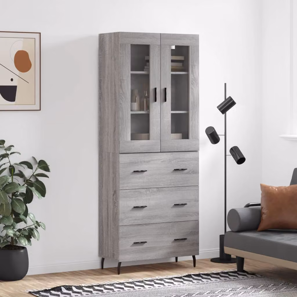 Credenza moderna vidaXL in legno e vetro, colore grigio, L: 69,5 cm, P: 34 cm, H: 180 cm