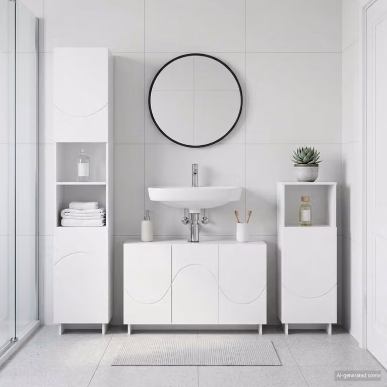 Set di mobili da bagno moderno vidaXL in 3 pezzi bianco lucido in MDF con mobile sottolavabo, colonna alta e mobile laterale