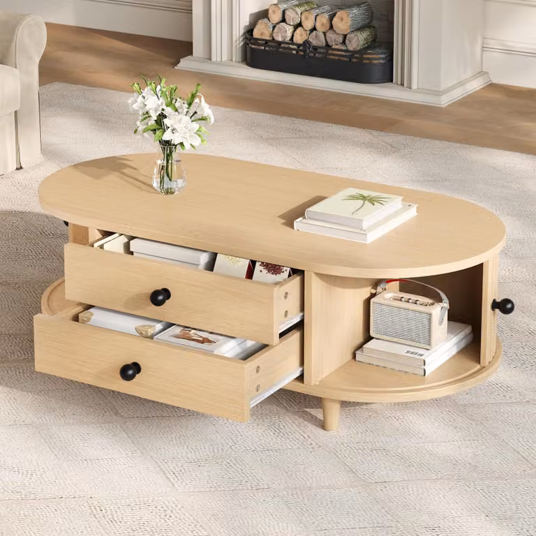 Tavolino da divano okwish con due cassetti e ante a ribalta, tavolino rotondo per divano con gambe in legno massello, tavolino per soggiorno in legno naturale