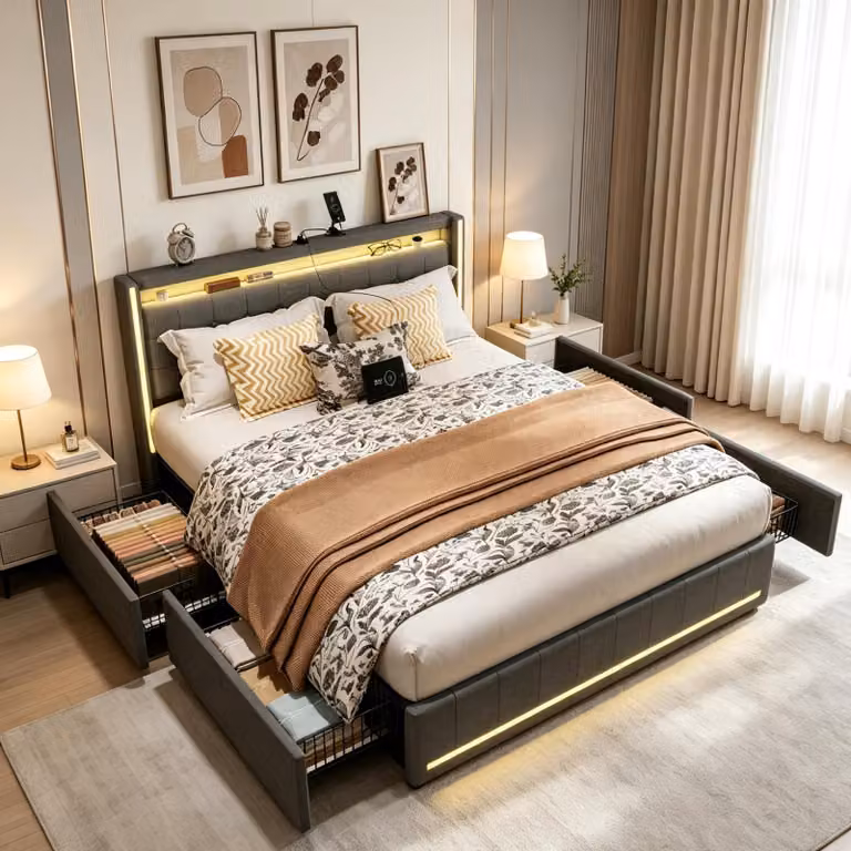 Letto imbottito INONEFT, 180x200 cm, con spazio contenitore, letto matrimoniale con USB e LED, letto per ragazzi con 4 cassetti, struttura letto con rete a doghe, tessuto in lino, colore grigio scuro