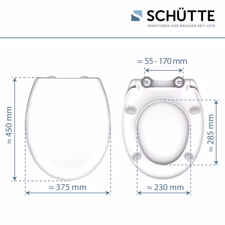 SCHÜTTE Sedile WC ovale con chiusura ammortizzata, coperchio rimovibile in duroplast infrangibile, montaggio fai da te con ventose adesive e dima, coperchio per WC