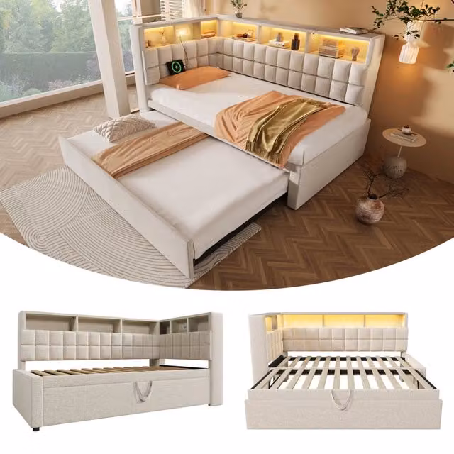 letto imbottito lino beige 107 x 214 cm