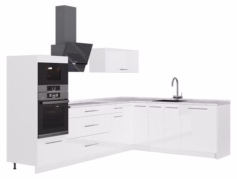 Cucina angolare completa Vicco Fame-Line Bianco lucido/Bianco 287 x 207 cm, PL Marmo, Model 63547