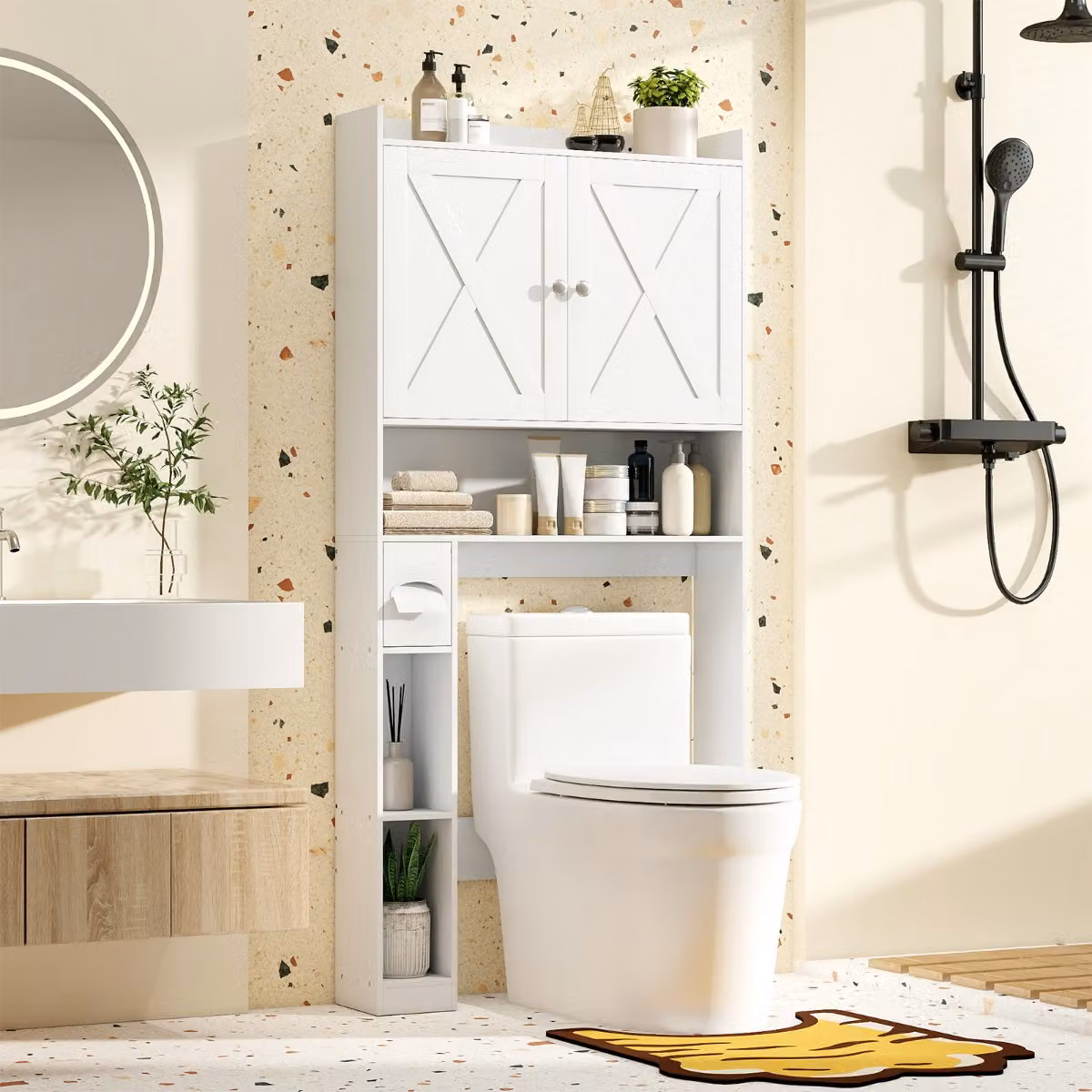 Costway Mobile contenitore sopra il WC per bagno e lavanderia con doppie ante e ripiani regolabili, Bianco