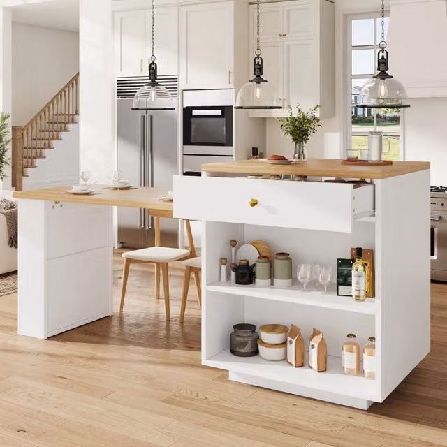 Isola da cucina 122.5-195.5x70x93.8 cm con piano estensibile in MDF e metallo; colore bianco