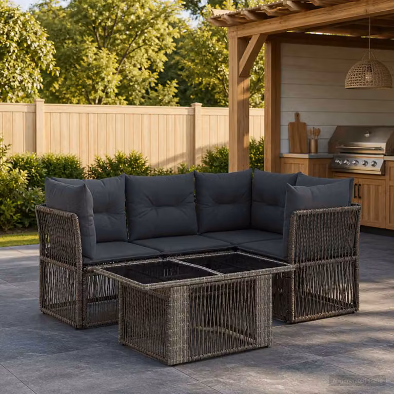 Set Divano da Giardino vidaXL a L in Polyrattan Grigio con Tavolino e Cuscini