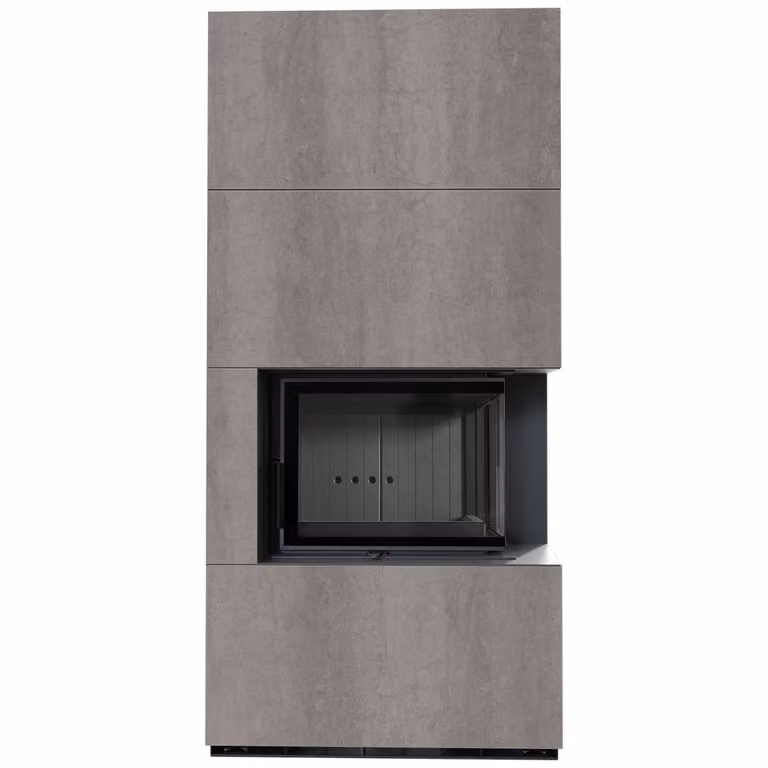 KRATKI FLOKI BOX Kit camino destro 8 kW Ø 160 quarzo sinterizzato NATURALI PIETRA DI SAVOIA GRIGIA BOCCIARDATA rivestimento nero