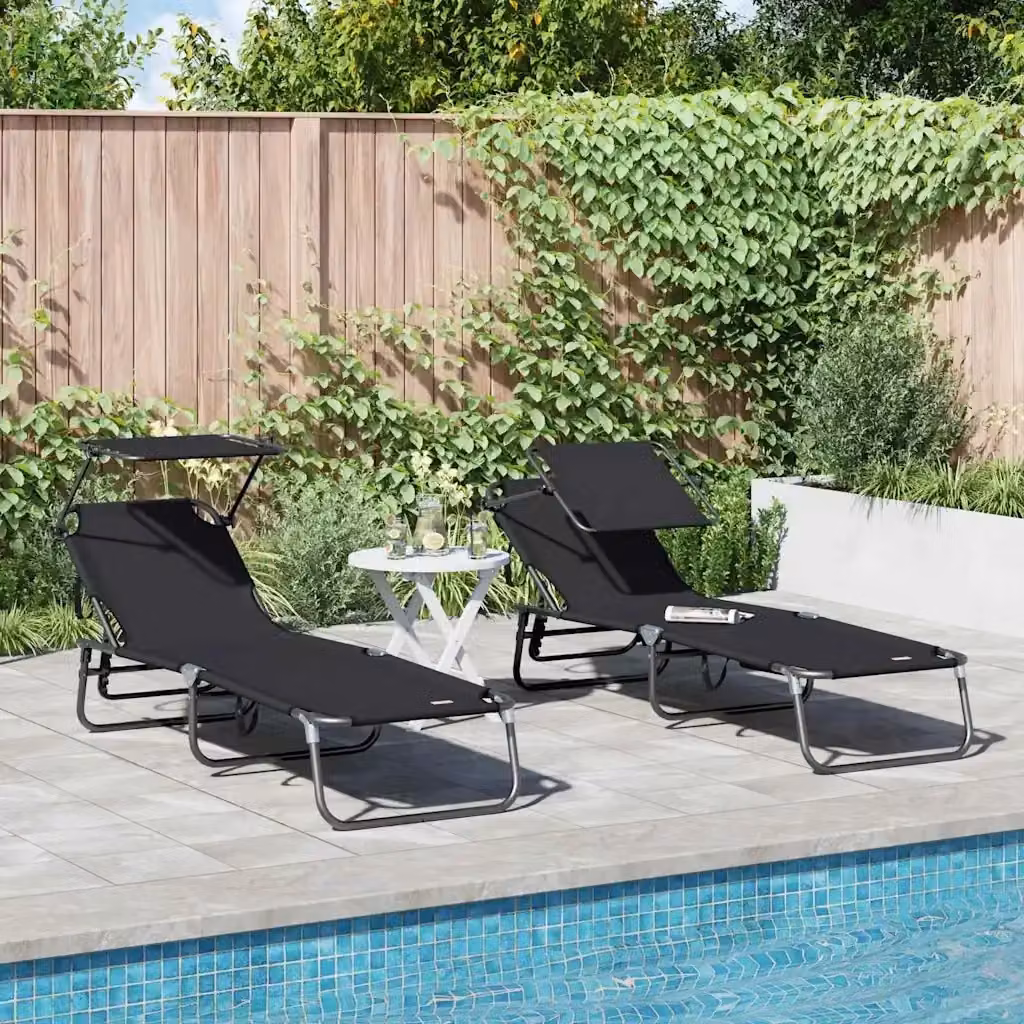 Set di 2 lettini prendisole pieghevoli in textilene nero con poggiatesta regolabile e vassoio laterale, L/P/H: 190 x 57 x 81 cm – 2