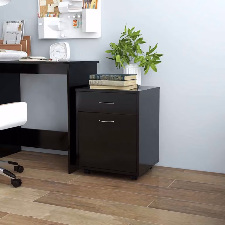 Mobiletto moderno vidaXL con rotelle e cassetti, colore nero opaco, in legno e MDF, L: 45 cm, P: 38 cm, H: 54 cm