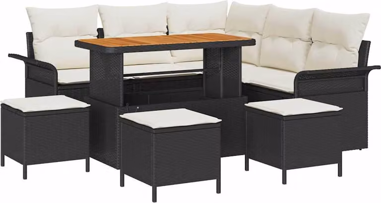 Set Divano da Giardino con cuscino 9 pcs Nero polyrattan