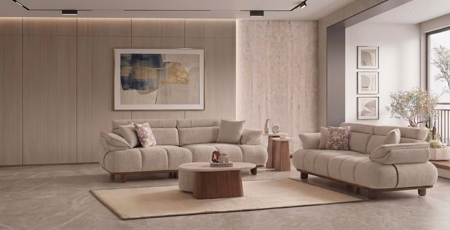 Set composto da: divano a 3 posti, tavolino, poggiapiedi, set di tavolini. Design moderno, colore beige, elegante