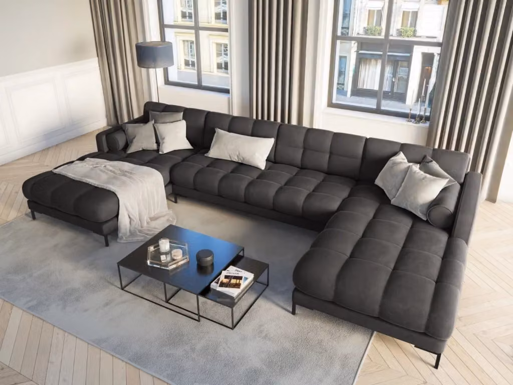 Divano panoramico Bali a L di Cosmopolitan Design, 7 posti in velluto grigio scuro, L/P/H: 383 x 155 x 75 cm – 2