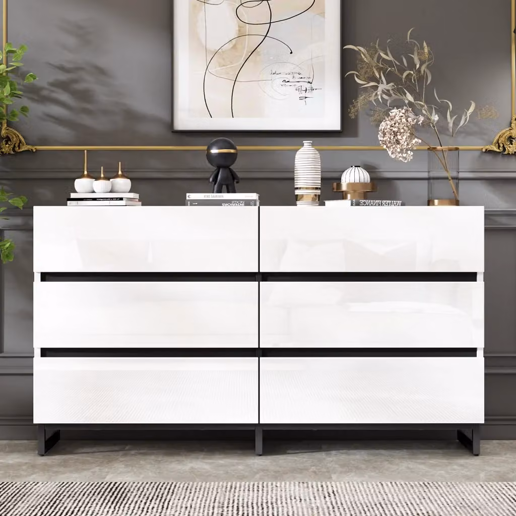 Credenza moderna Vovees Living per soggiorno e camera da letto in MDF e metallo, bianco e nero, L: 140 cm – 2