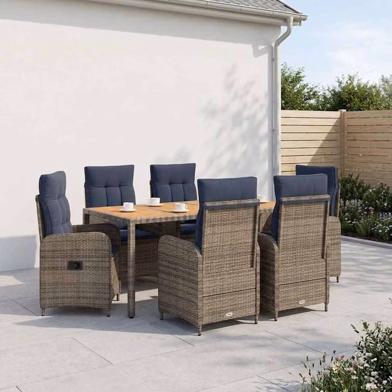Set da pranzo per esterni vidaXL in polyrattan e legno di acacia, 7 pezzi, grigio e marrone, L/P/H: 150 x 75 x 110 cm