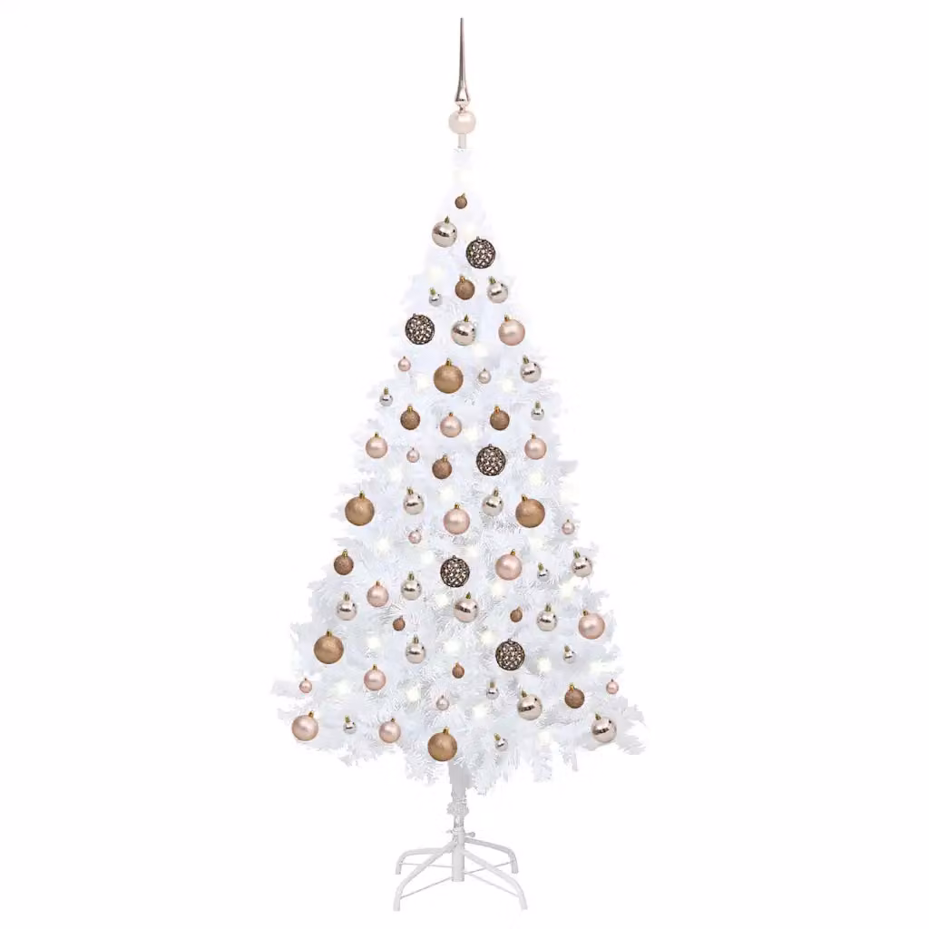 Albero di Natale Preilluminato con LED e Palline vidaXL, Bianco e Oro, Altezza: 120 cm, in PVC e Metallo