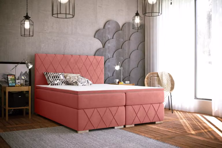Komplett Set Matratze & Topper Boxspring Bett Pink Polster 180x200cm Betten