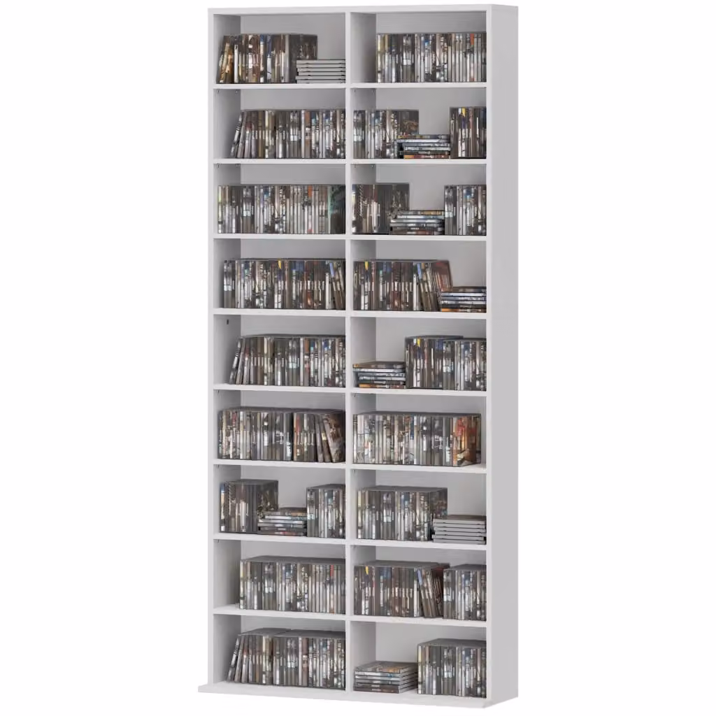 Libreria per DVD e CD XYLO bianca con 18 scomparti e ripiani regolabili, Altezza: 175 cm – 2