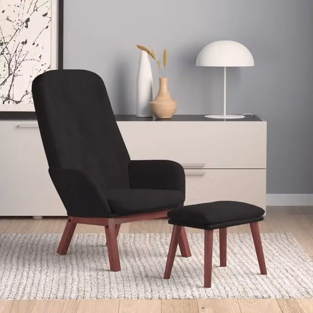 Poltrona Relax con Poggiapiedi vidaXL in Velluto Nero con Struttura in Metallo e Legno
