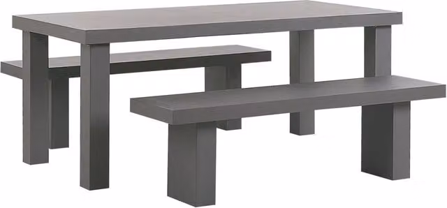 Set da pranzo da giardino Beliani con tavolo rettangolare e 2 panche in cemento grigio, 4 posti, L: 145 cm, P: 90 cm, H: 76 cm