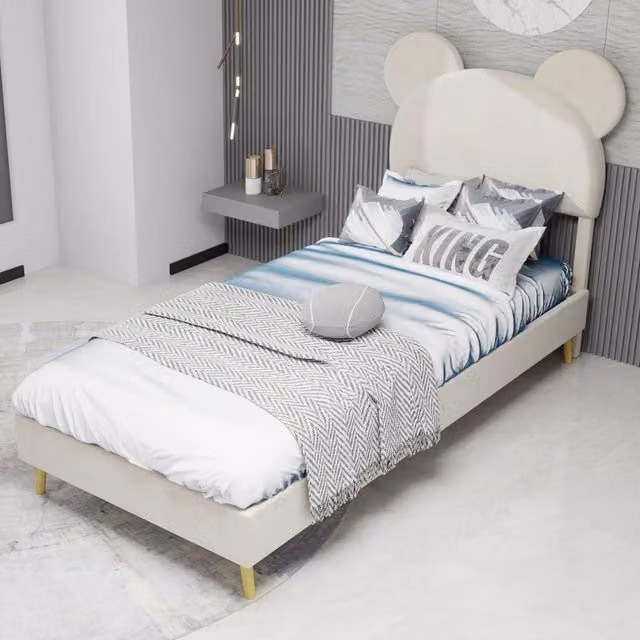 Letto contenitore per bambini 90 × 200 cm con vano sollevabile pneumatico, senza materasso, in tessuto beige