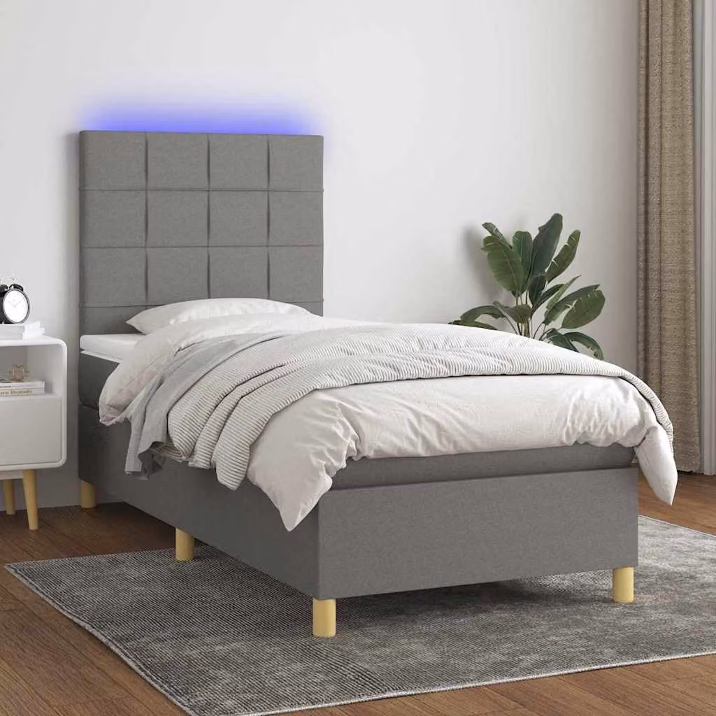 Letto a molle con materasso e illuminazione LED vidaXL in tessuto grigio, L 80 cm x P 200 cm – 1